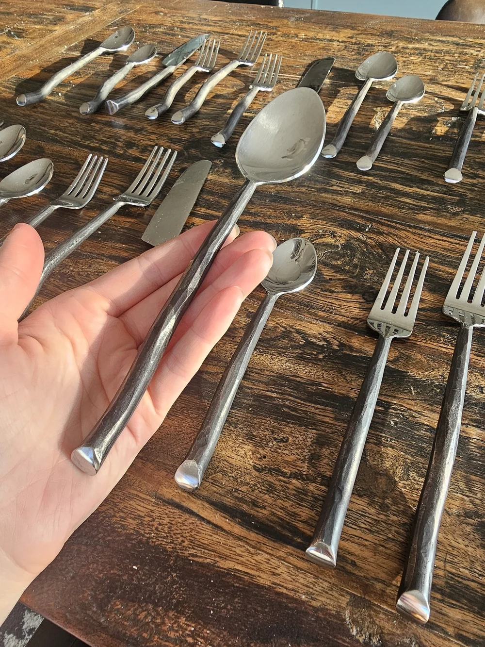 Stainless Steel Twig Flatware Set - Brushed Silver Dinner Forks, Knives & Spoons